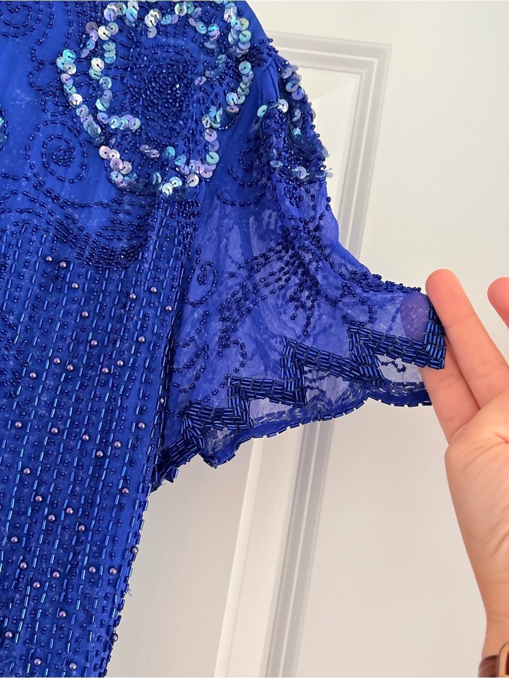 Vintage 80s Scala Paris Blue Beaded Sequin Silk Dress Medium Cocktail Party 90s - Picture 3 of 11